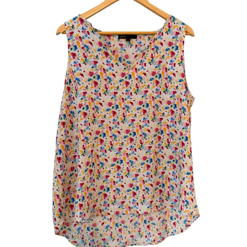 Gibson Colorful Multicolor LWatercolor Abstract Art Sleeveless V Neck Top XL